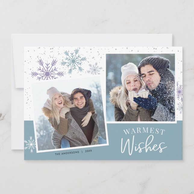 Winter Snow Purple Blue 2 Photos Christmas Holiday Card (Front)