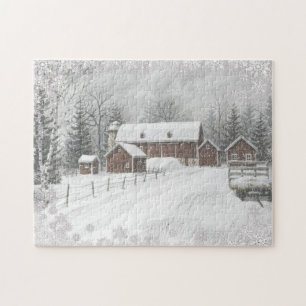 Winter Snow Red Barn Farm Jigsaw Puzzle