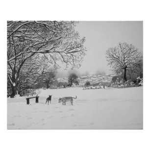 Winter snow scene landscape with trees dogs art poster