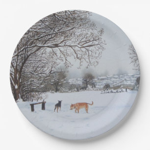 Winter snow scene landscape with trees dogs paper plate