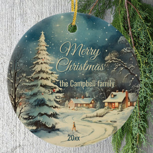 Winter Snow Scene Merry Christmas Family Name Ceramic Tree Decoration
