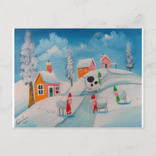 winter snow scene sheep folk art postcard