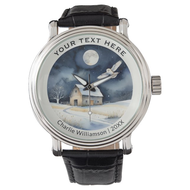 Winter Snow Scene with Barn Owl Personalised Watch (Front)