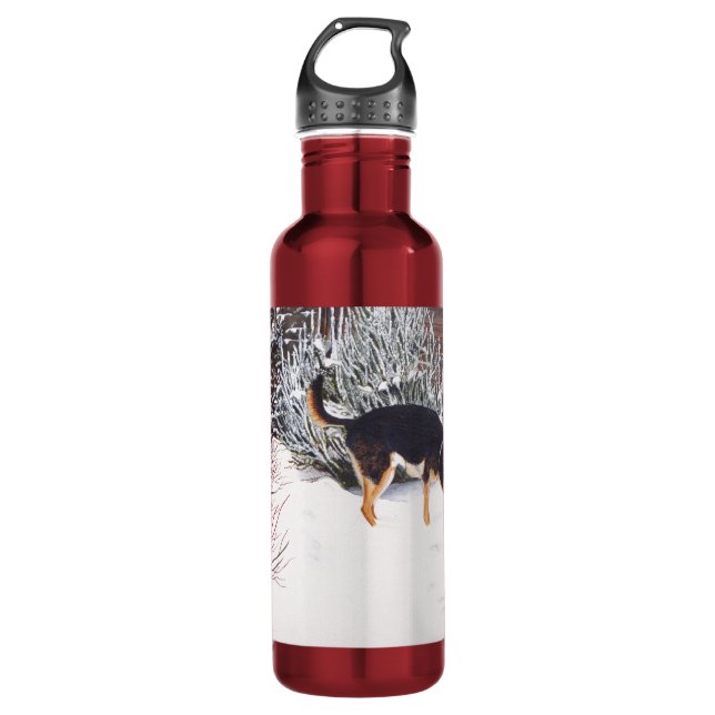 Winter snow scene with cute black and tan dog 710 ml water bottle (Front)