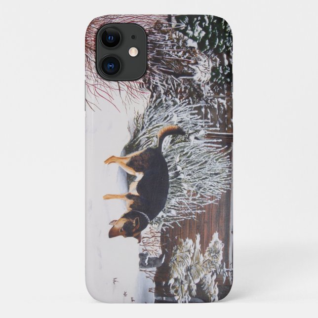 Winter snow scene with cute black and tan dog Case-Mate iPhone case (Back)