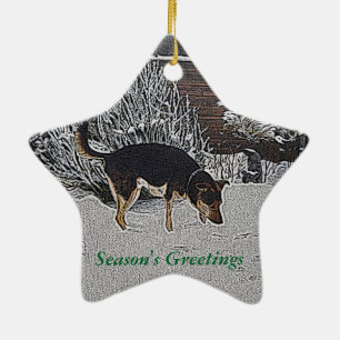 winter snow scene with cute black and tan dog ceramic tree decoration