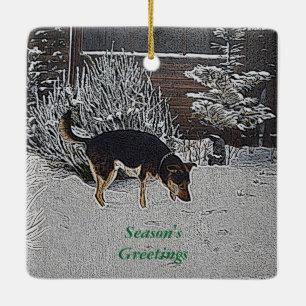 winter snow scene with cute black and tan dog ceramic tree decoration