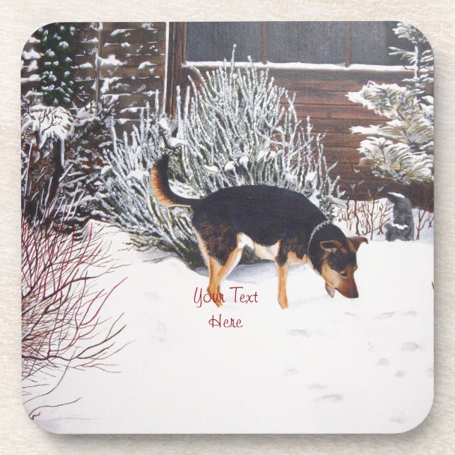 winter snow scene with cute black and tan dog coaster (Front)
