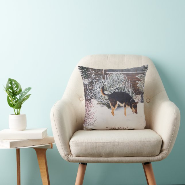 Winter snow scene with cute black and tan dog cushion (Chair)