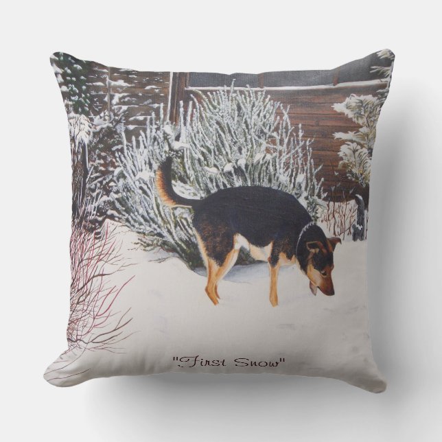 Winter snow scene with cute black and tan dog cushion (Front)