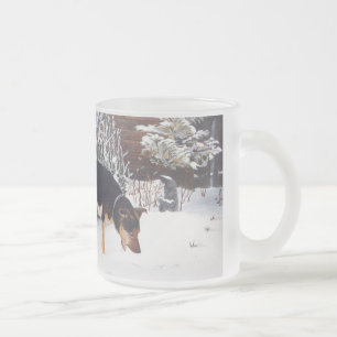 Winter snow scene with cute black and tan dog frosted glass coffee mug