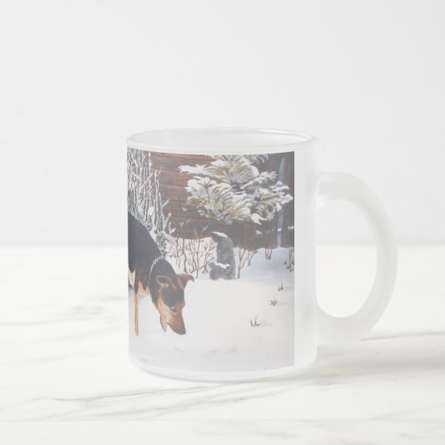 Winter snow scene with cute black and tan dog frosted glass coffee mug (Right)