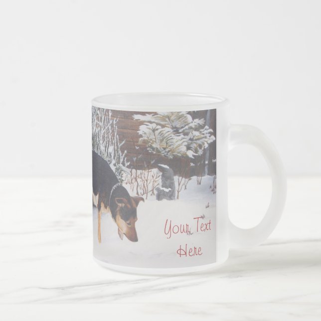 Winter snow scene with cute black and tan dog frosted glass coffee mug (Right)