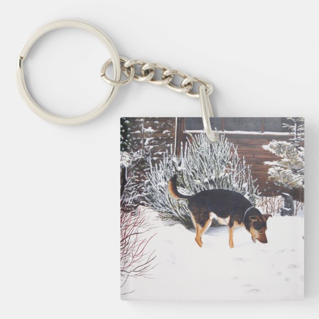 Winter snow scene with cute black and tan dog key ring (Front)