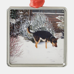 Winter snow scene with cute black and tan dog metal tree decoration