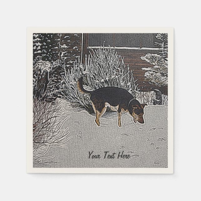 Winter snow scene with cute black and tan dog napkin (Front)