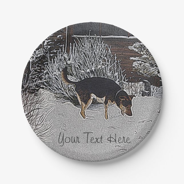 Winter snow scene with cute black and tan dog paper plate (Front)