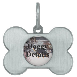 Winter snow scene with cute black and tan dog pet name tag