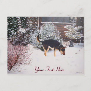 Winter snow scene with cute black and tan dog postcard