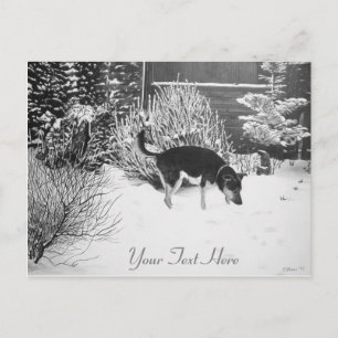 Winter snow scene with cute black and tan dog postcard