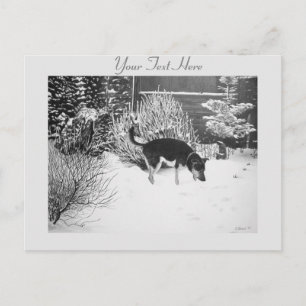 Winter snow scene with cute black and tan dog postcard