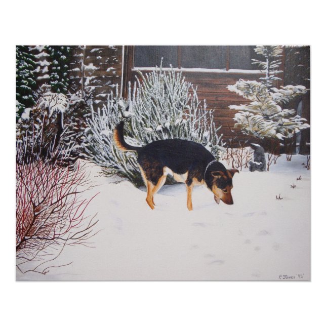 Winter snow scene with cute black and tan dog poster (Front)