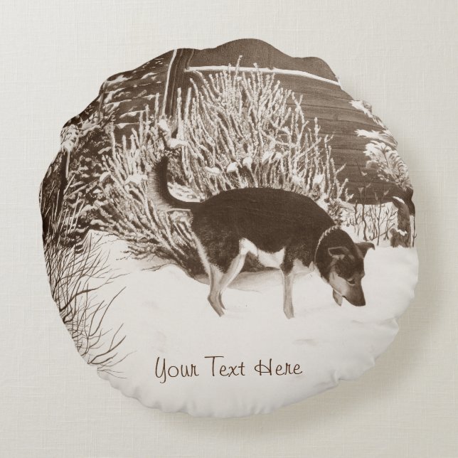 Winter snow scene with cute black and tan dog round cushion (Back)