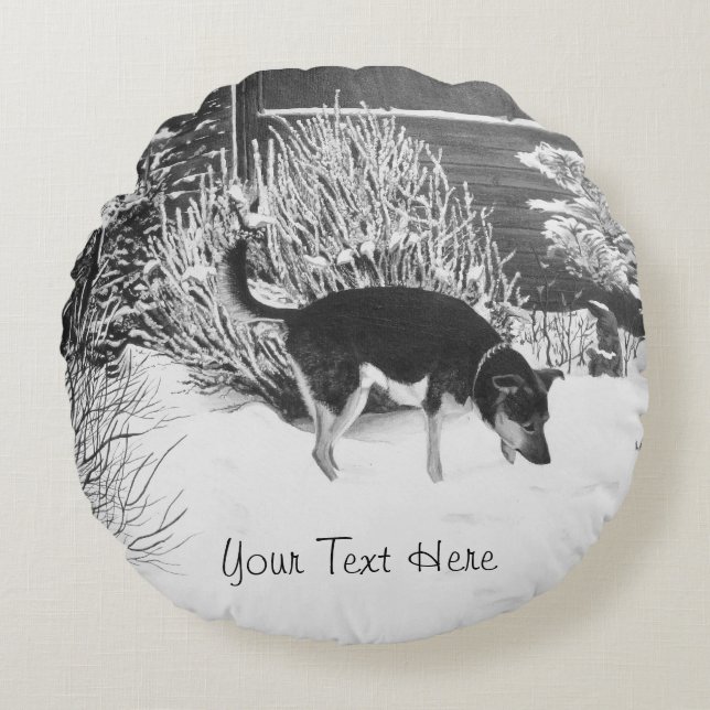 Winter snow scene with cute black and tan dog round cushion (Front)
