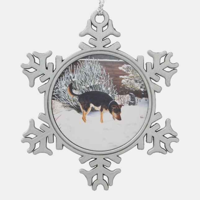 Winter snow scene with cute black and tan dog snowflake pewter christmas ornament (Front)