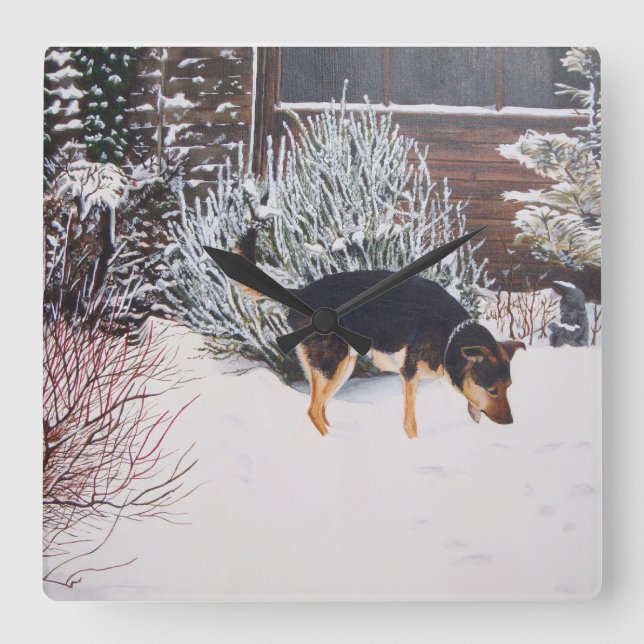 Winter snow scene with cute black and tan dog square wall clock (Front)