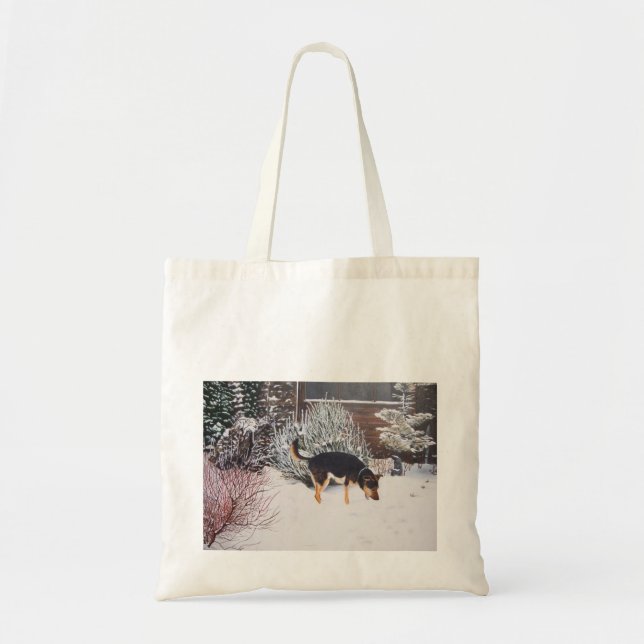 Winter snow scene with cute black and tan dog tote bag (Front)