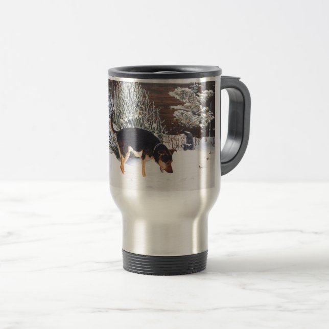 Winter snow scene with cute black and tan dog travel mug (Front Right)