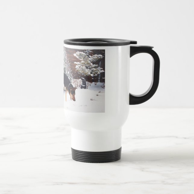 Winter snow scene with cute black and tan dog travel mug (Right)
