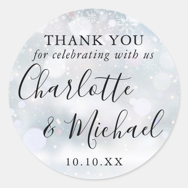 Winter Snow Signature Wedding Favour Thank You Classic Round Sticker (Front)