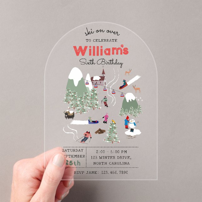 Winter Snow Skiing Mountain Ski Slopes Birthday Acrylic Invitations (Insitu (Handheld))