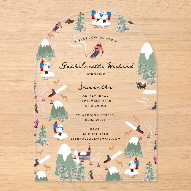 Winter Snow Skiing Ski Bachelorette Weekend Acrylic Invitations (Front)