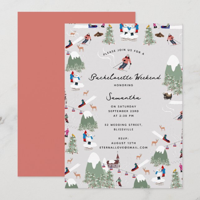 Winter Snow Skiing Ski Bachelorette Weekend Invitation (Front/Back)