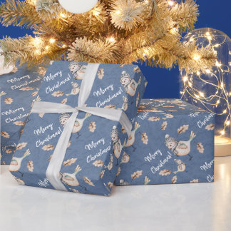 Winter Snow Sparrow In Blue Watercolor Wrapping Paper
