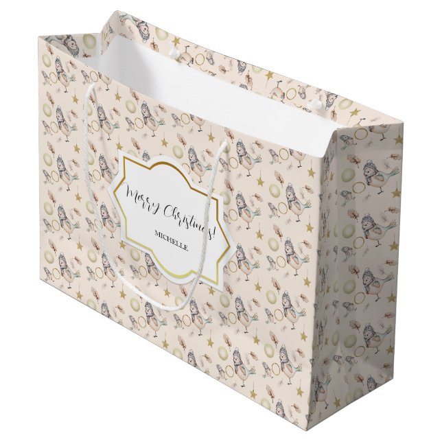 Winter Snow Sparrow Watercolor Golden Large Gift Bag (Front Angled)