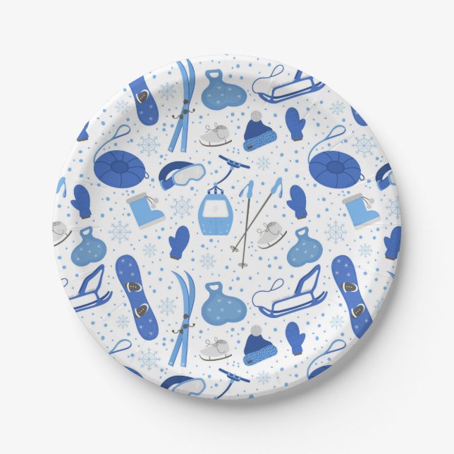 Winter Snow Sports Skiing Snowboarding Fun Pattern Paper Plate (Front)