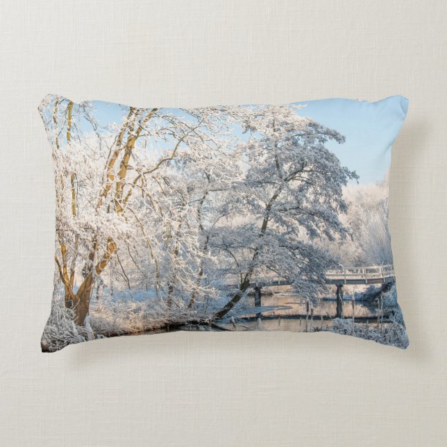 Winter Snow Trees River Creek Bridge Decorative Cushion (Front)