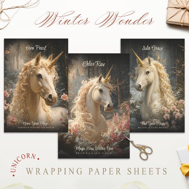 Winter Snow Unicorn Castle Fantasy Magical Horse Wrapping Paper Sheet (Creator Uploaded)