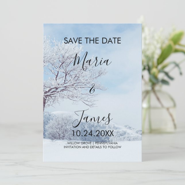 Winter Snow Wedding Save The Date (Standing Front)