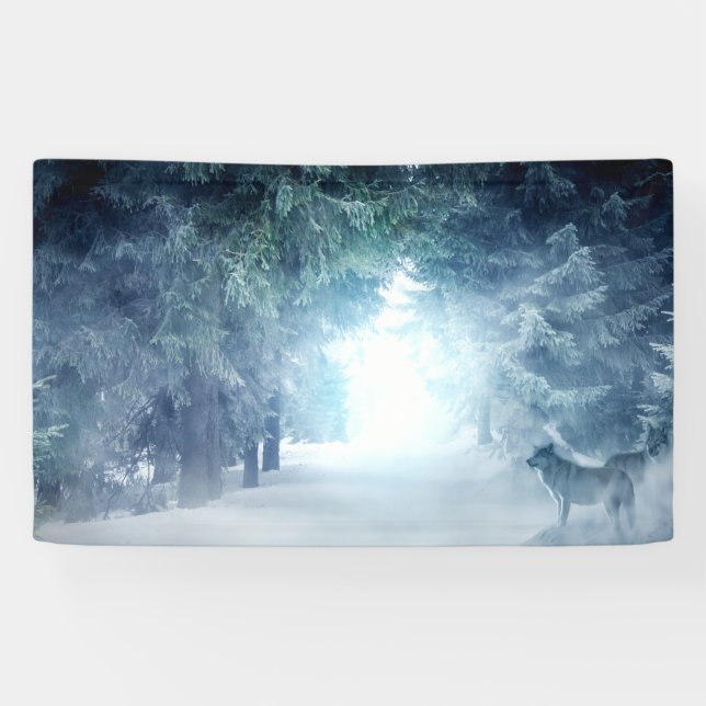 Winter Snow with Wolves in Evergreen Forest Banner (Horizontal)