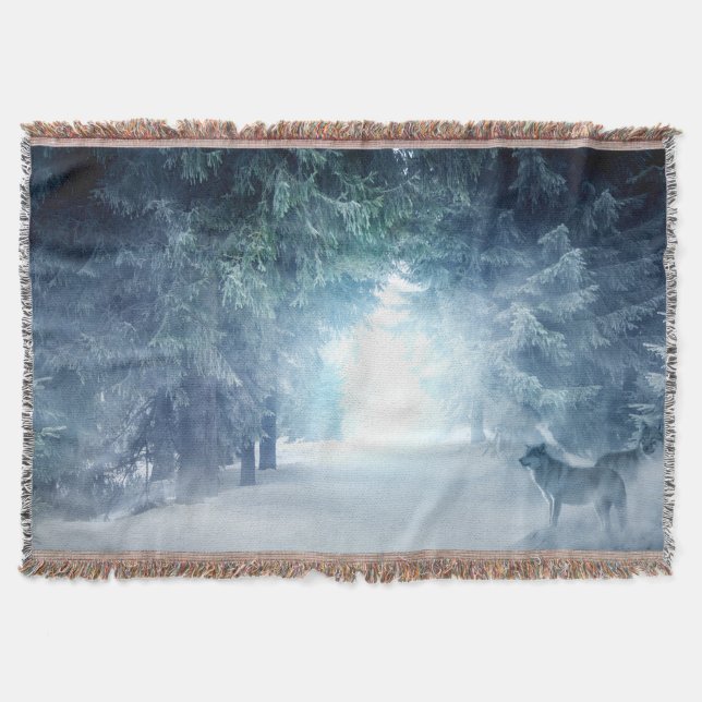 Winter Snow with Wolves in Evergreen Forest Throw Blanket (Front)