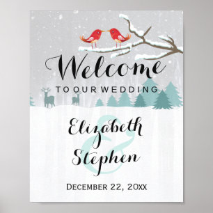 Winter Snow Wonderland Birds Reindeer Wedding Sign