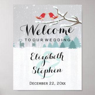 Winter Snow Wonderland Birds Reindeer Wedding Sign