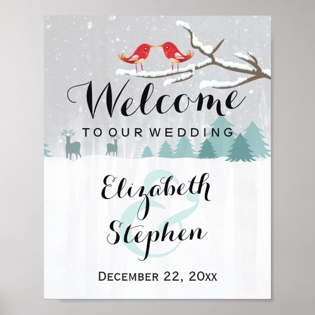 Winter Snow Wonderland Birds Reindeer Wedding Sign (Front)