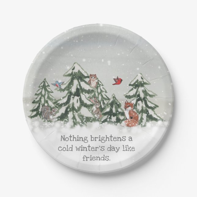 Winter Snow Woodland Animal Friends Fox Rabbit  Paper Plate (Front)