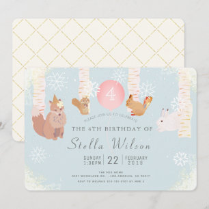 Winter Snow Woodland Animals Birthday Invitation